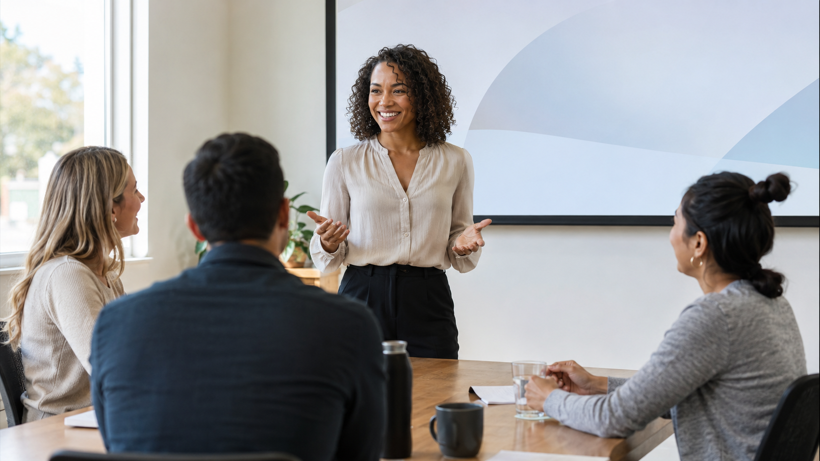 Presenter beginning a workshop with a relaxed stance and an attentive small audience