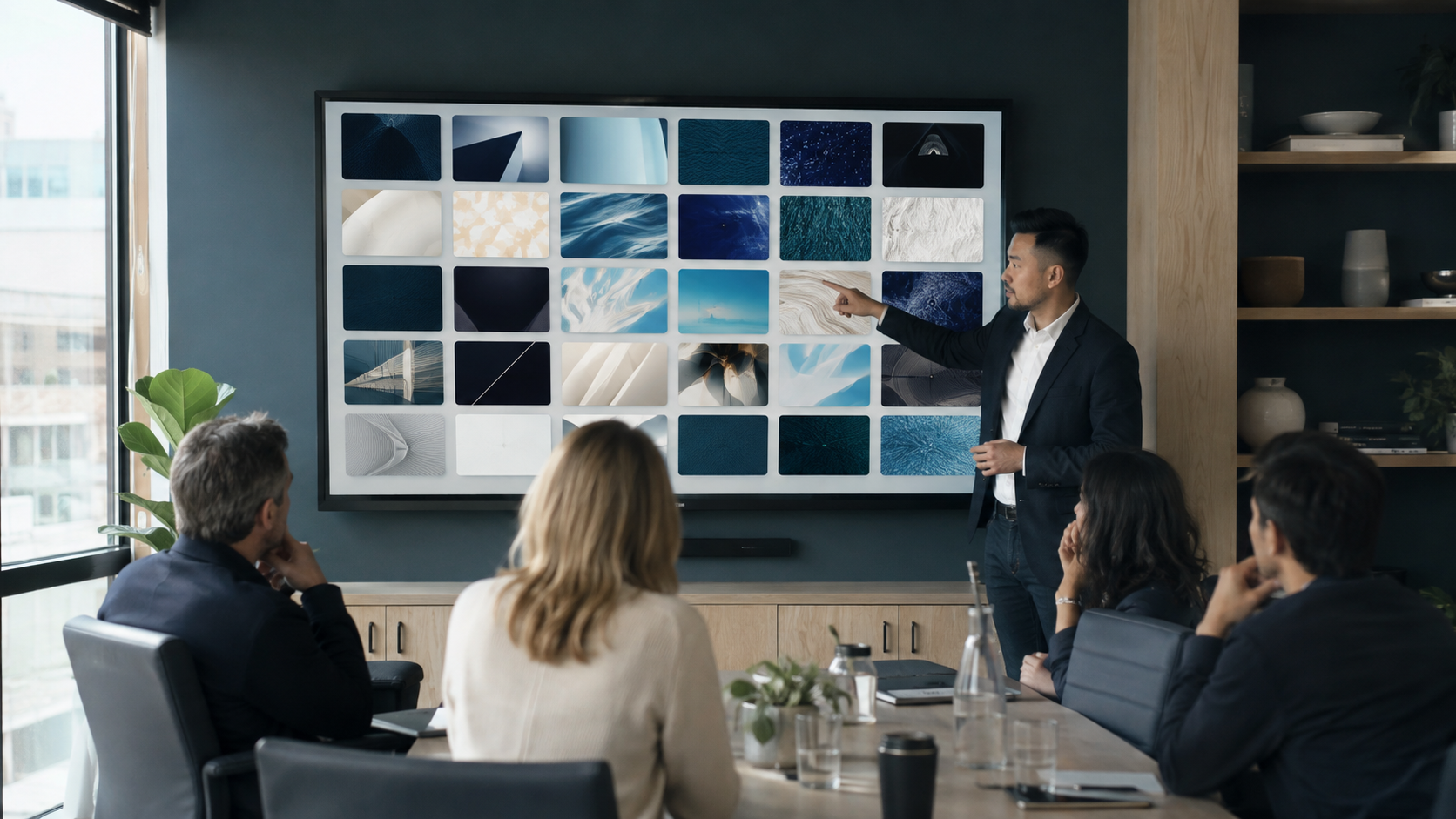 Presenter explaining one element while a screen displays many visual cards