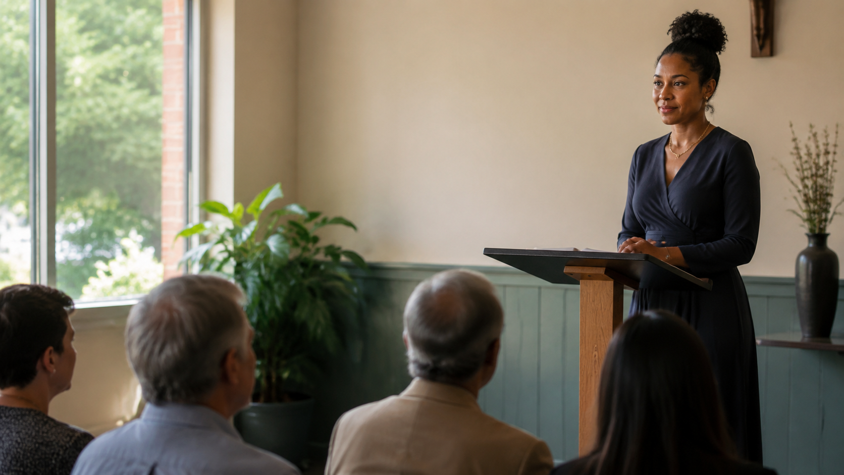 Speaker pausing naturally while addressing an attentive audience