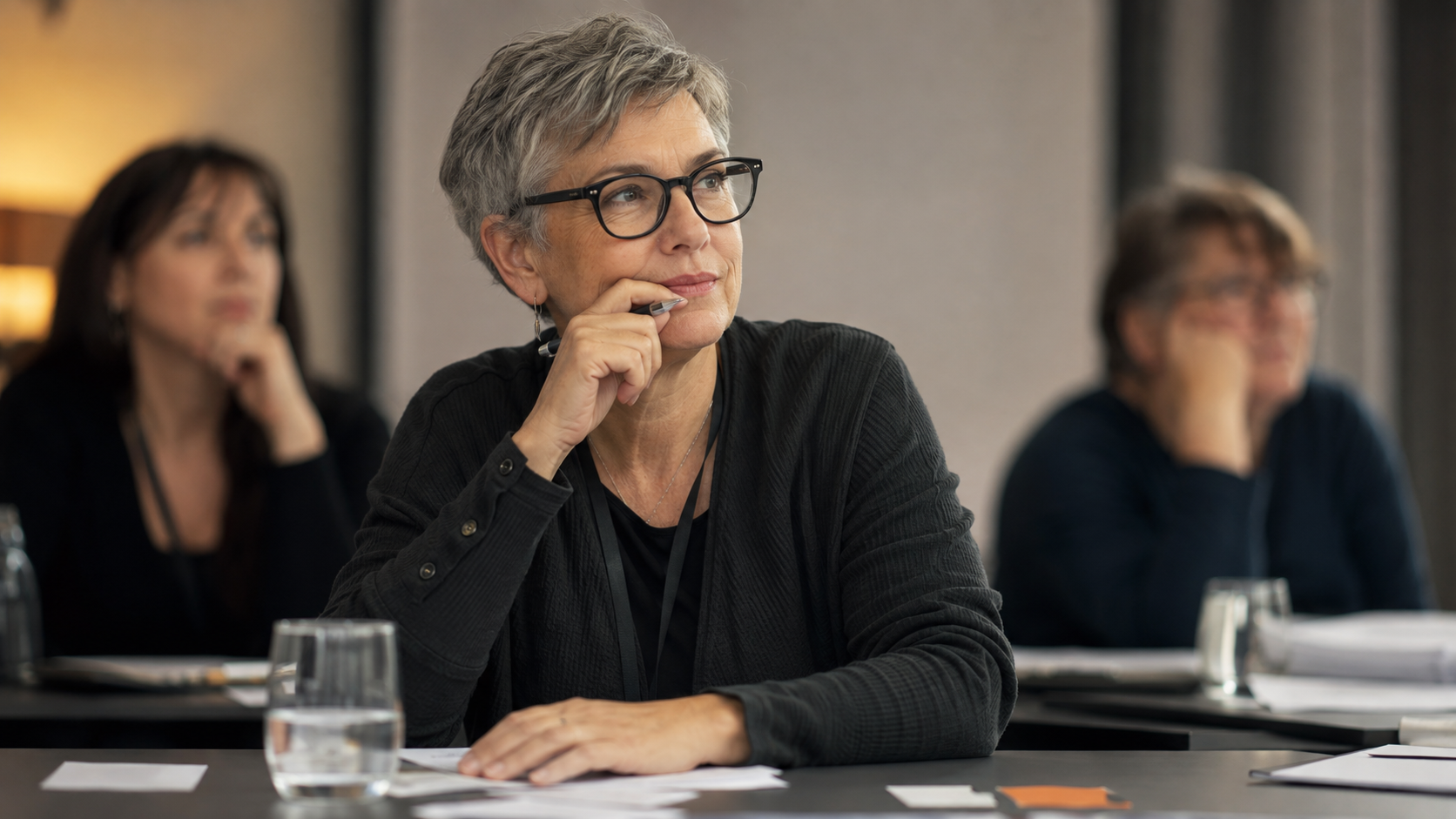Professional pausing thoughtfully during a seminar with cue cards on the table