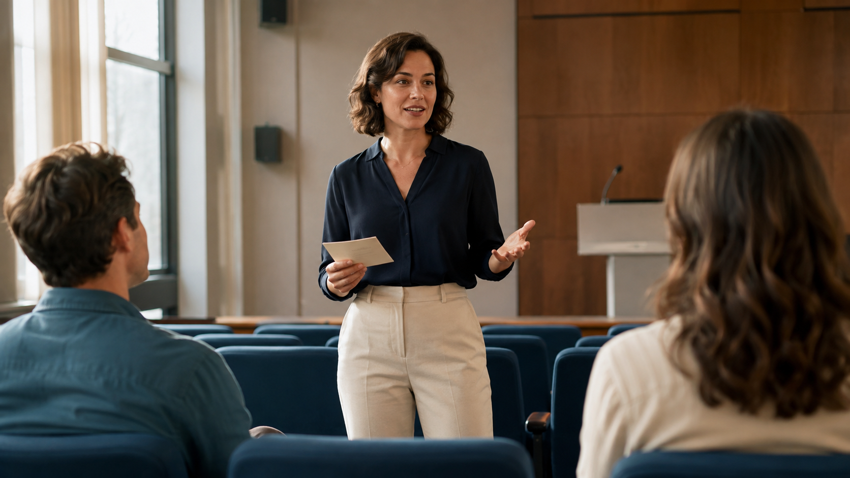 Speaker rehearsing naturally with a cue card in front of two colleagues