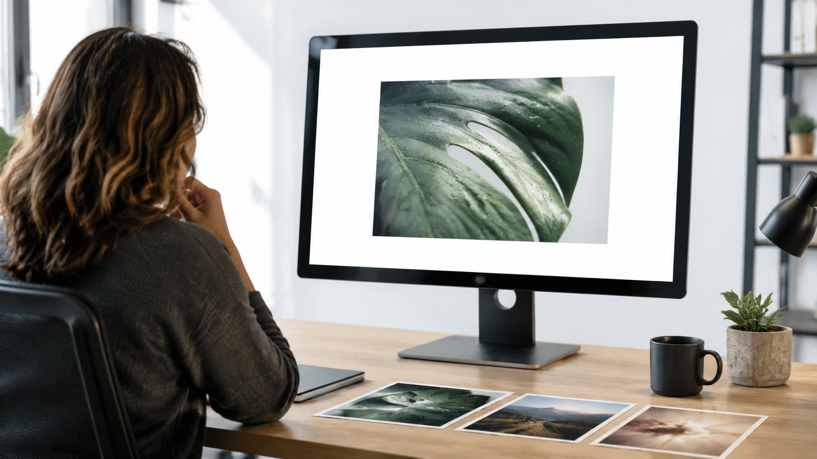 Designer selecting a single relevant leaf photograph for a presentation slide