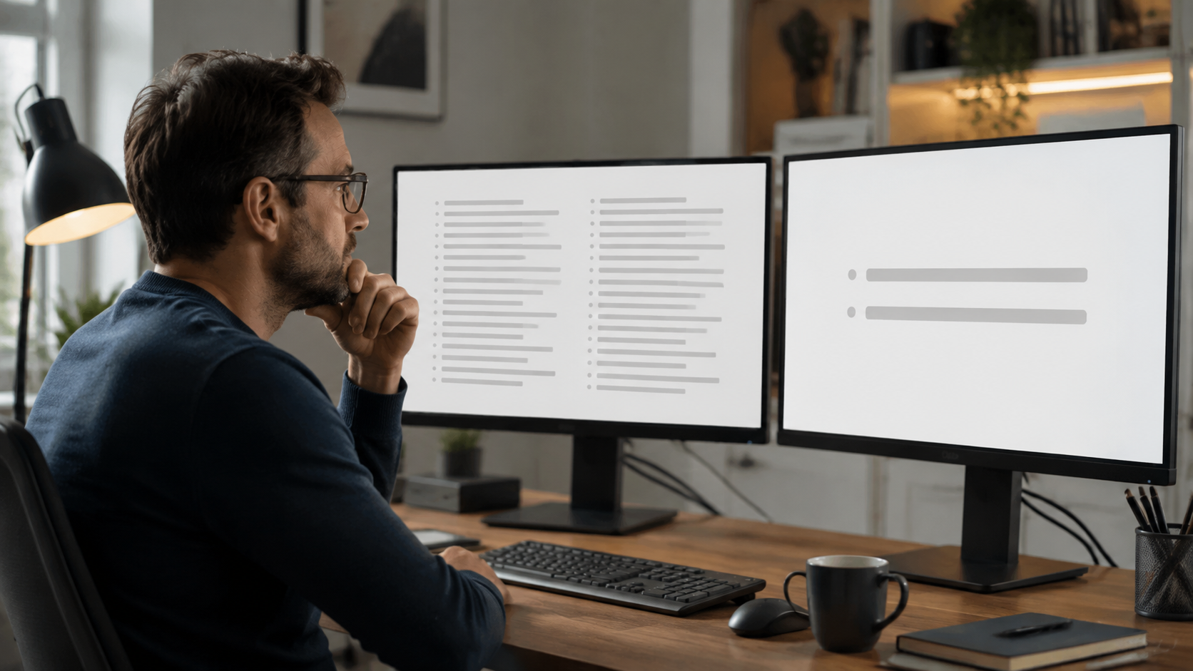 Designer comparing a dense bullet-point slide with a simpler presentation layout