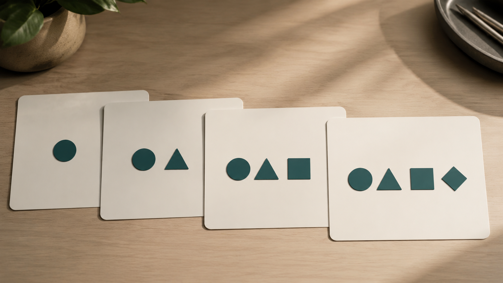 Presentation cards showing a sequence of increasingly complete geometric arrangements