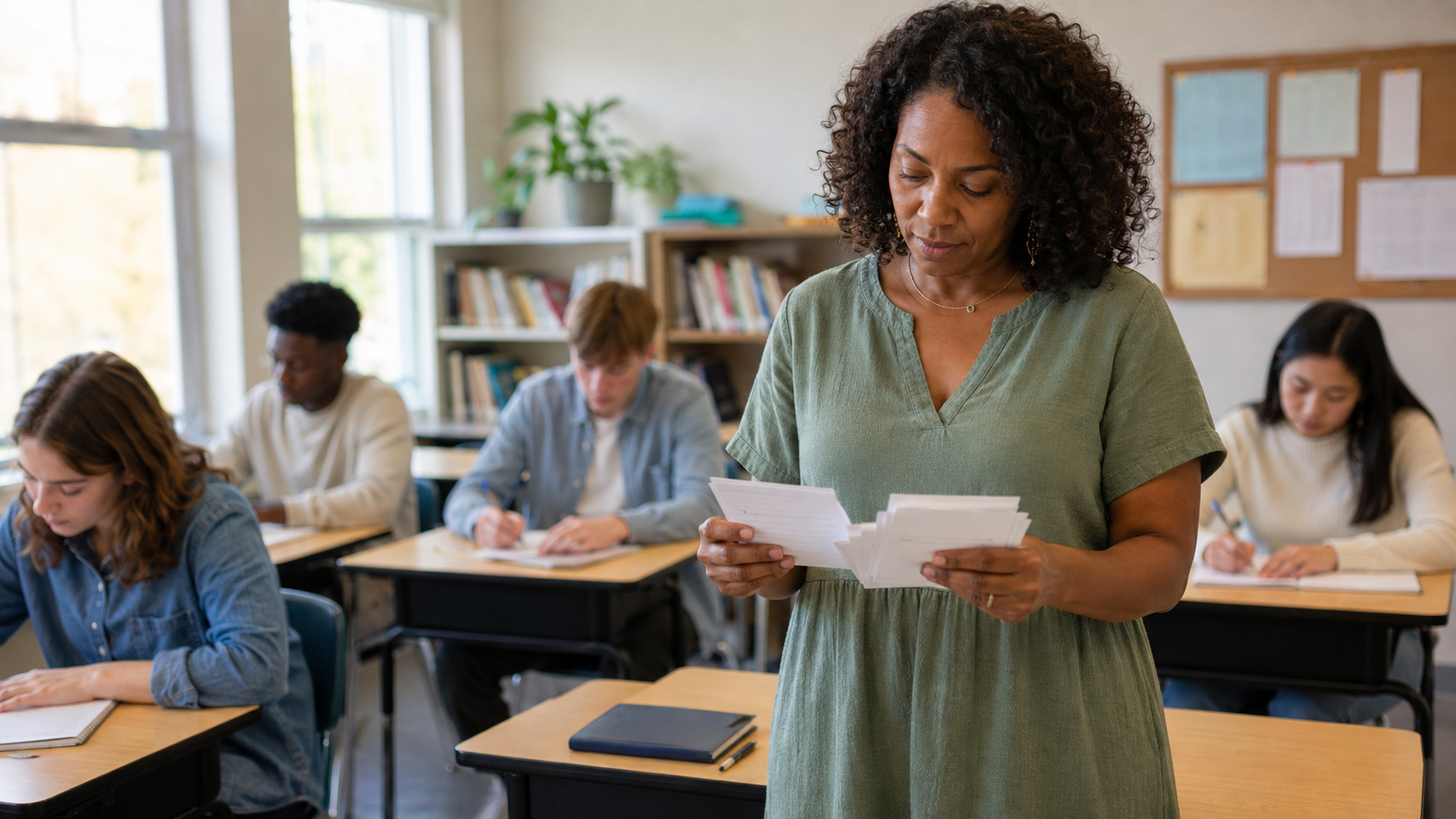 Teacher reviewing individual student response cards during a lesson