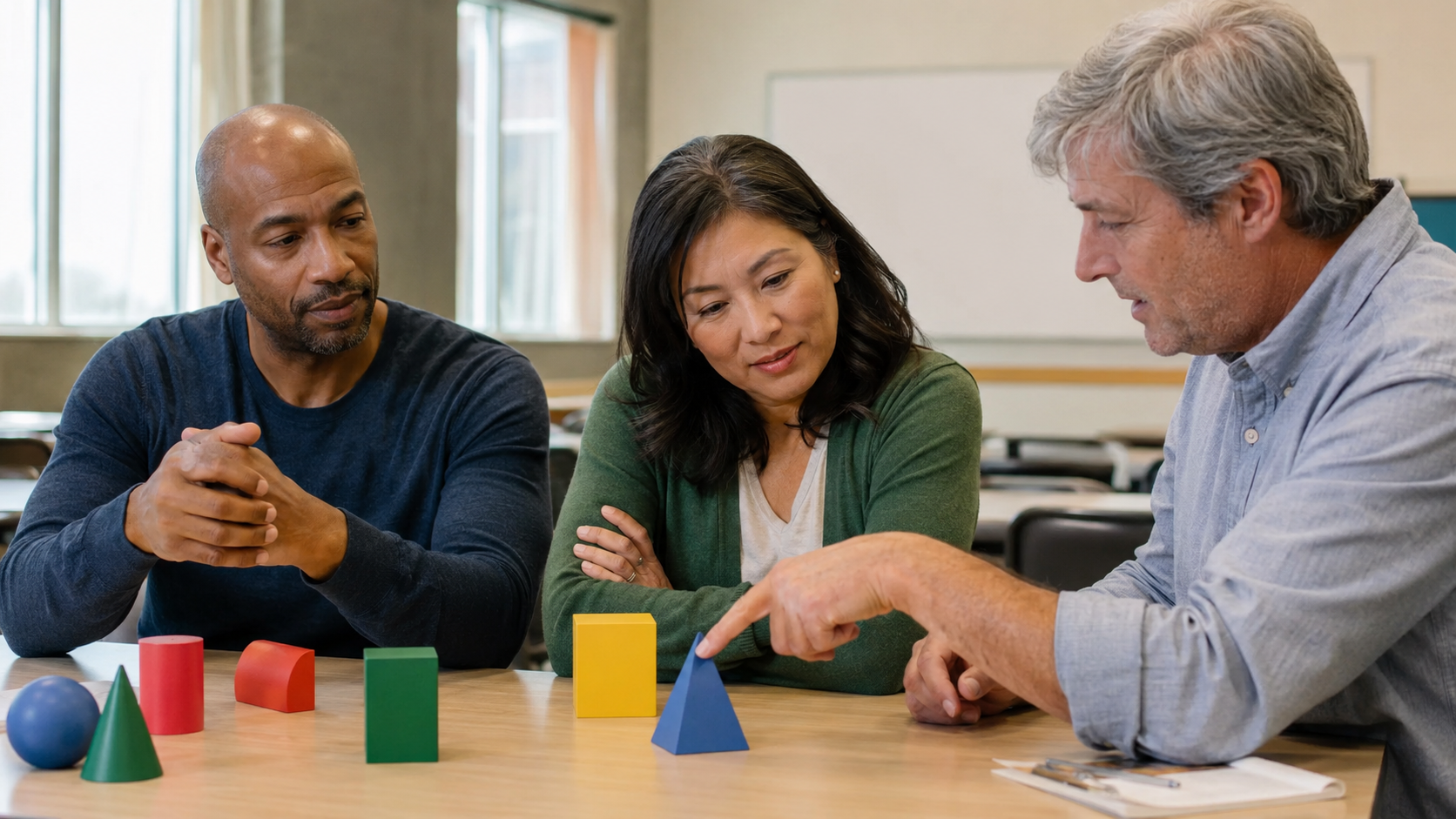 Instructor pointing to a blue geometric model while two adult learners watch