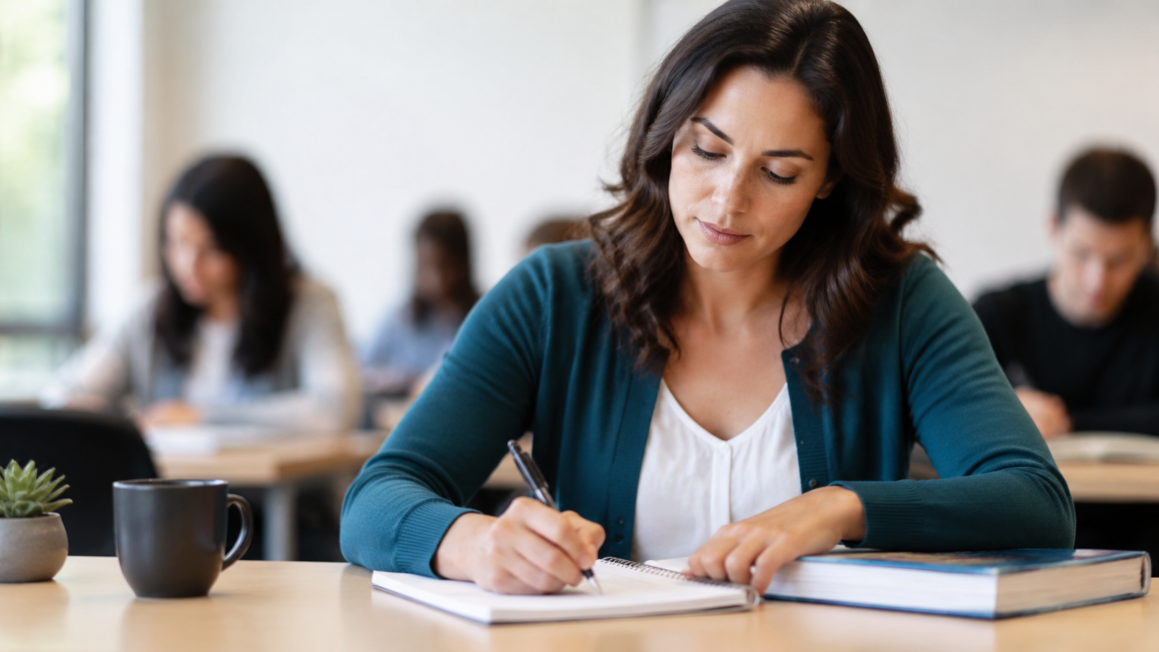 Learner writing from memory with a closed textbook beside the notebook