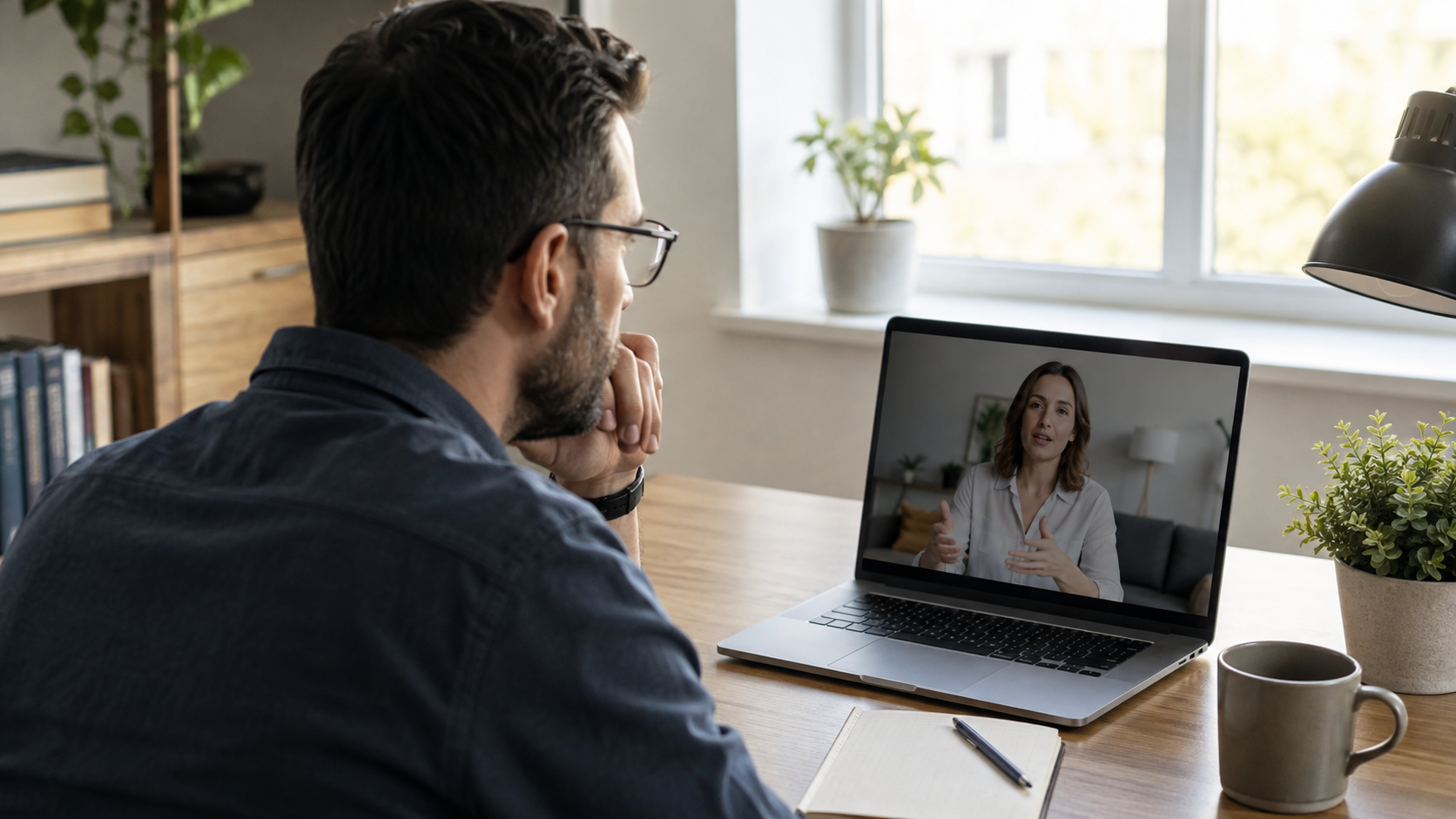 Video call participant looking toward a colleague on a laptop screen beneath the webcam