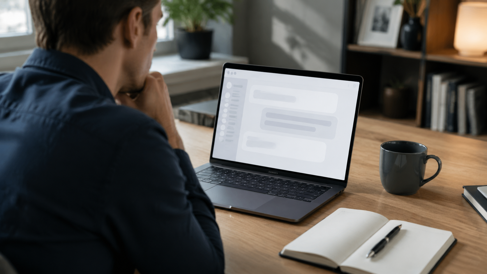 Professional considering a message on a laptop beside a notebook