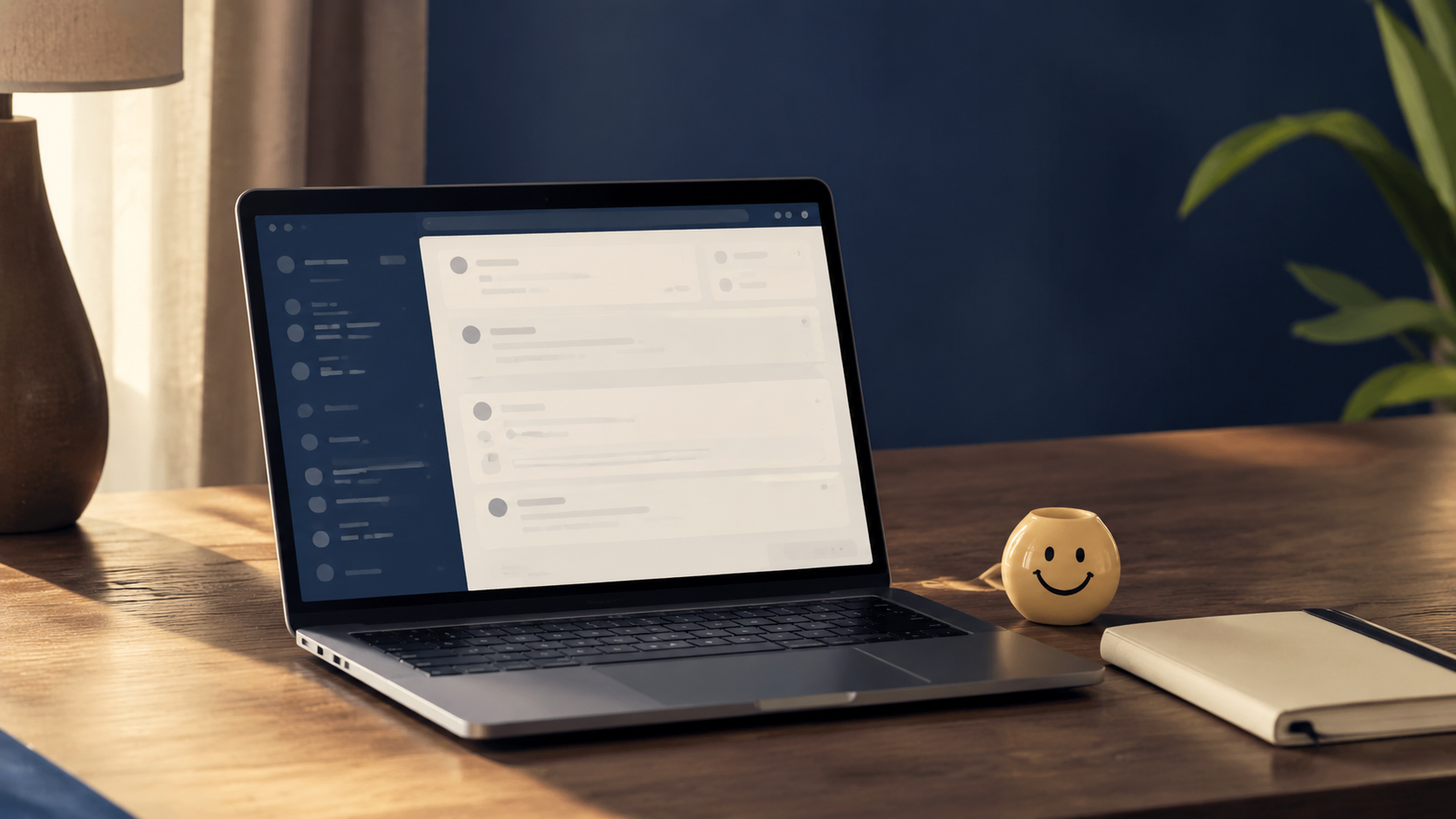 Laptop message window beside a small yellow smiley token and notebook