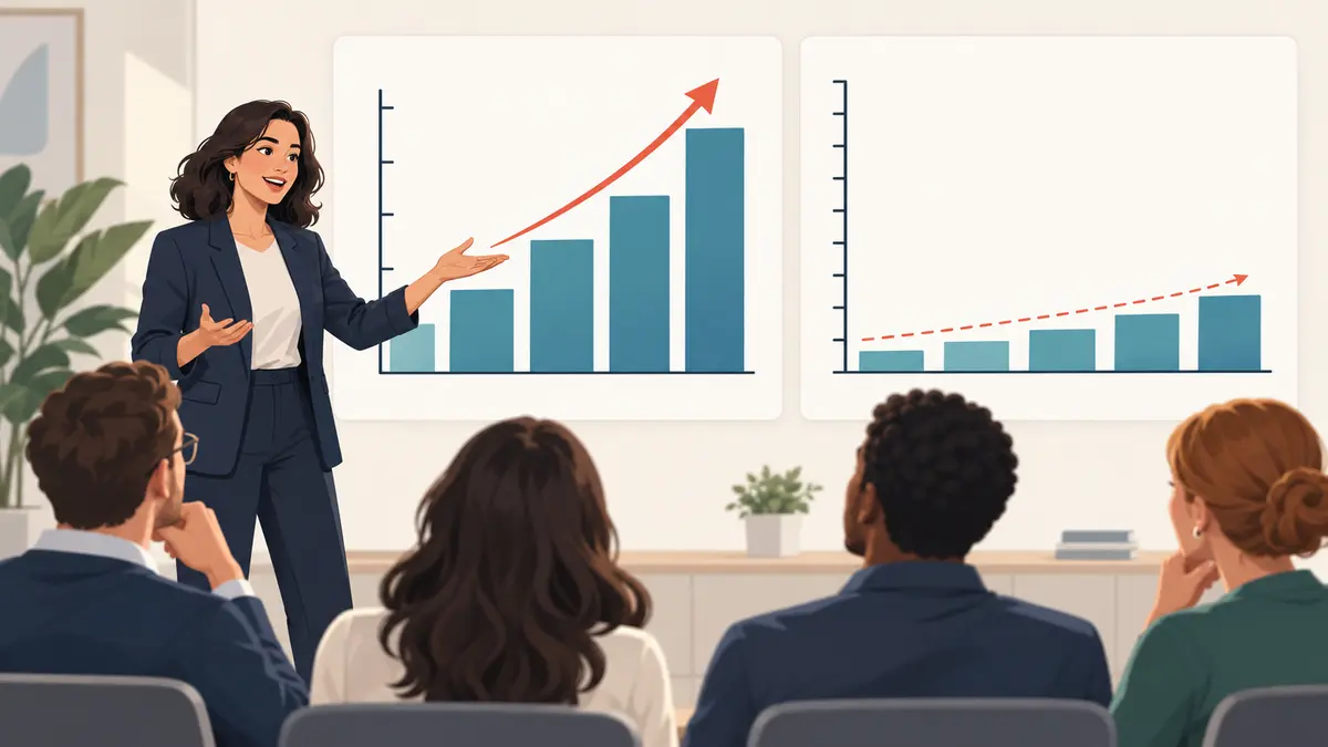 Presenter comparing two charts that frame the same data in dramatically different ways
