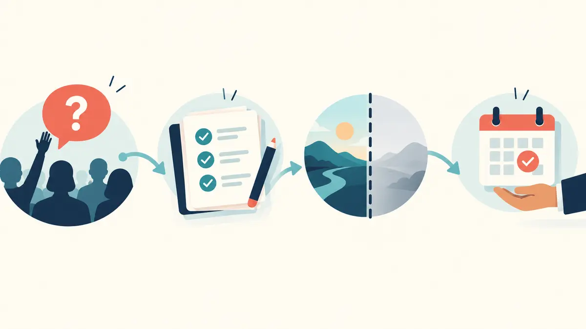 A four-stage visual showing a question, verified information, a clear boundary, and a follow-up action