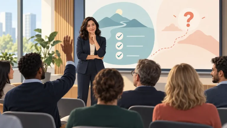 Presenter responding to a difficult audience question with a clear limit and follow-up step.