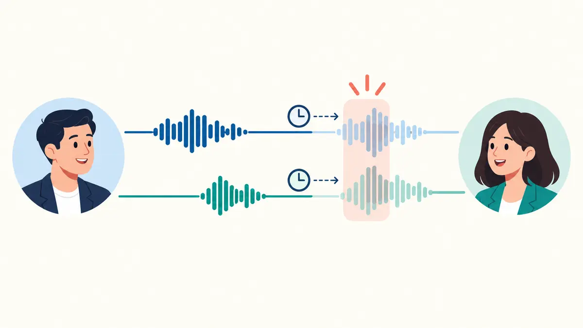 A two-person video-call timeline showing how a small network delay creates silence on one side and overlapping speech on the other